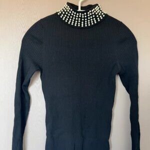 Sandro Black Ribbed Knit Top with Pearl Collar  Has stretch